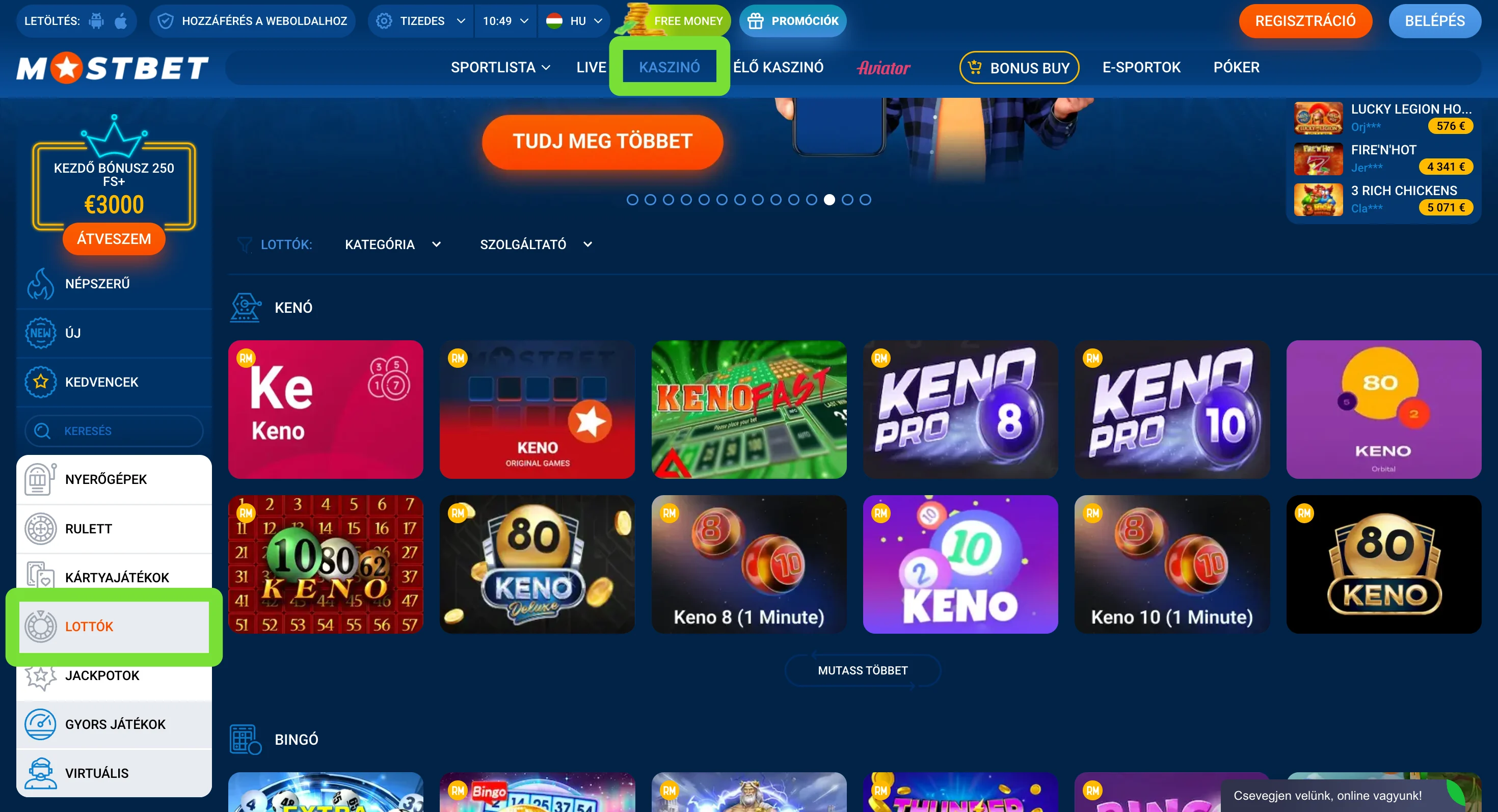 Mostbet kaszinó keno játékok kategóriája