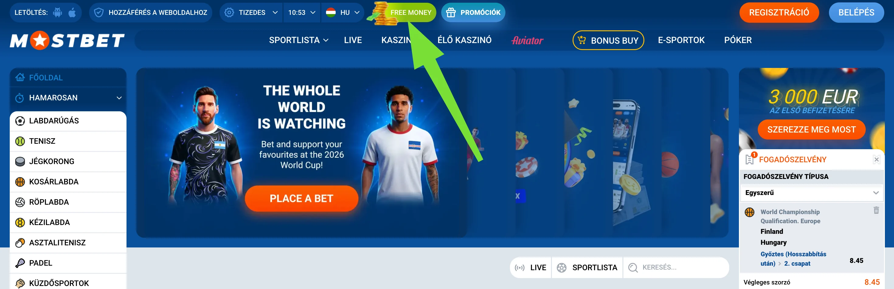 Mostbet Free Money promóciós gomb a fejlécben