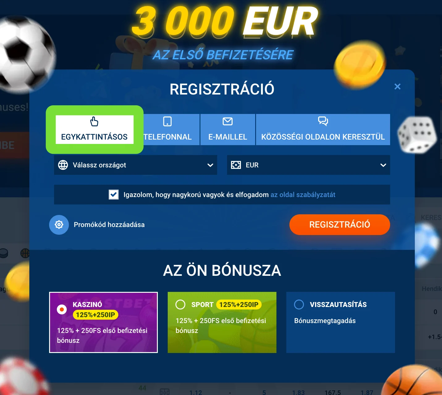 Mostbet egykattintásos regisztrációs űrlap
